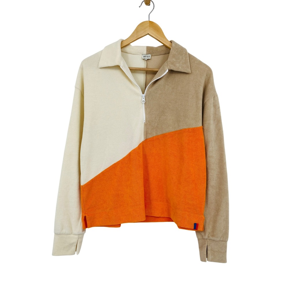 KULE The Terry Colorblock Quarter Zip Pullover Women Small Orange Beige Ivory